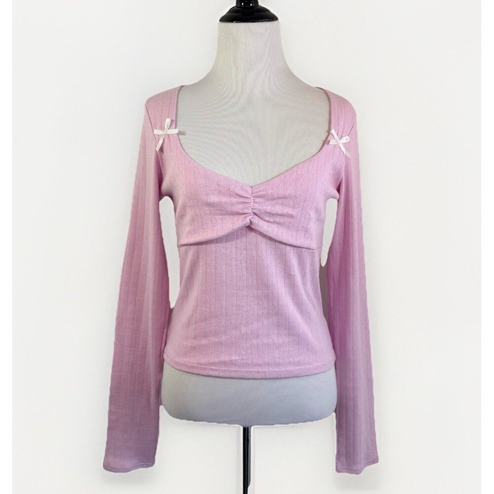 RSQ Long-Sleeve Shirt L Pink Pointelle Bow Coquette Cottagecore Cute BalletCore - Picture 2 of 14